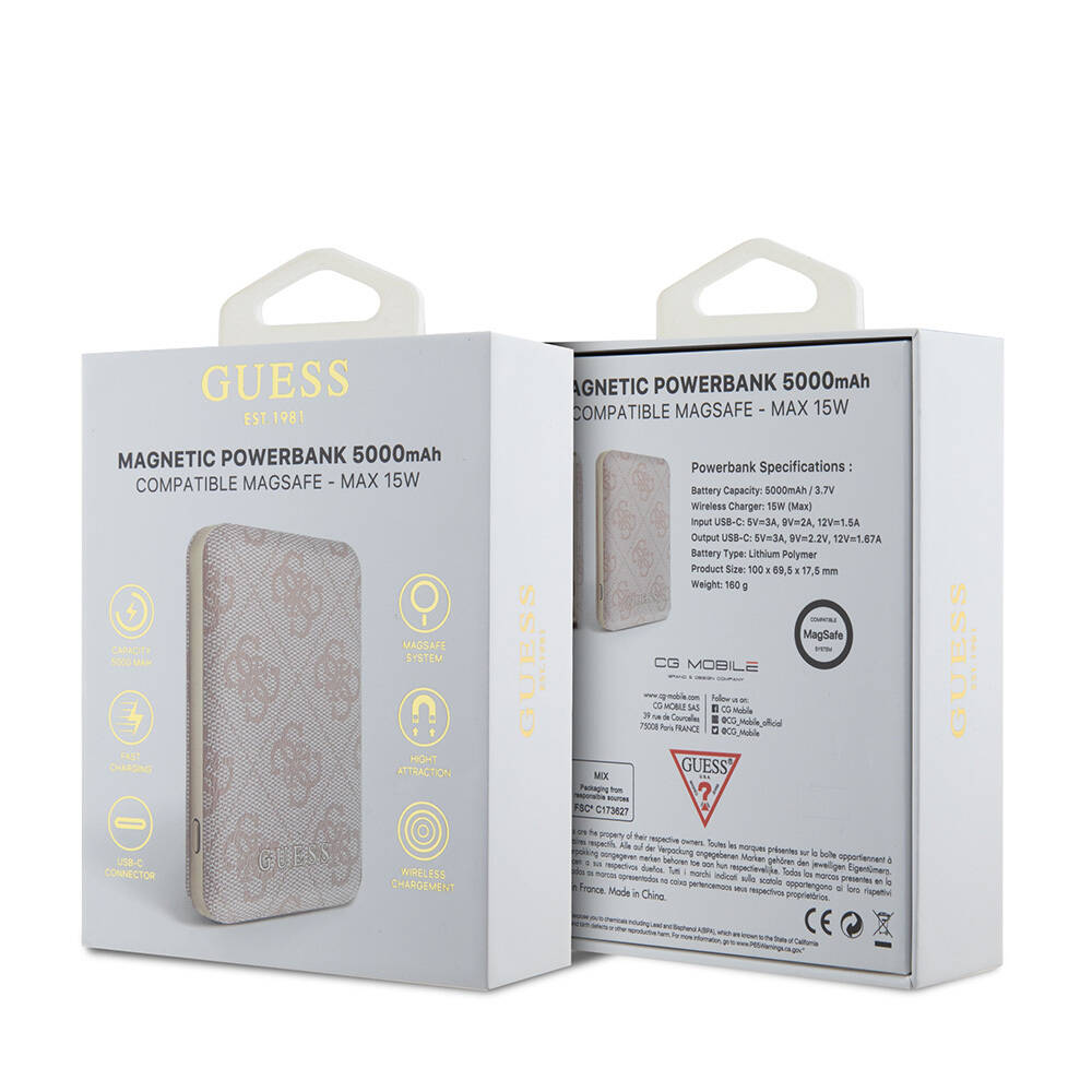 Guess Orjinal Lisanslı Dijital Led Göstergeli PU Deri 4G Desenli Metal Yazı Logolu Powerbank 5000mAh 15W - 16