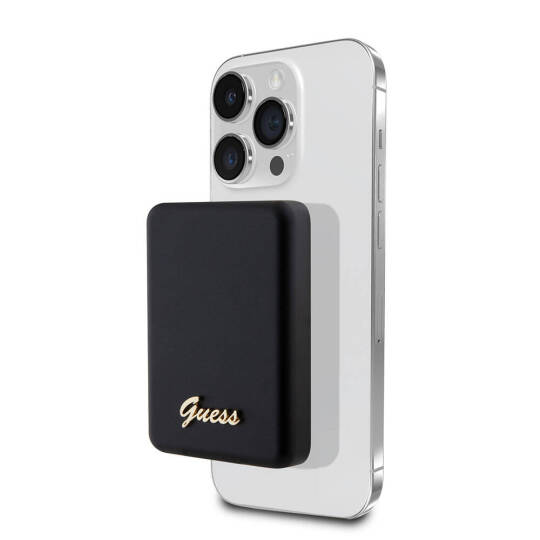 Guess Orjinal Lisanslı M-safe Şarj Özellikli Metal Yazı Logolu Powerbank 5000mAh 15W Siyah