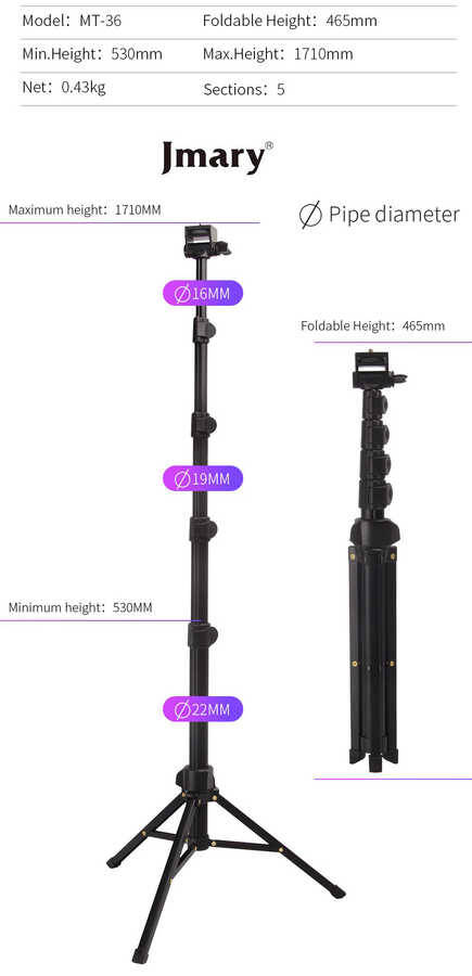 Jmary MT-36 Tripod 171 cm 360 Derece Dönebilen Başlık 4 Kademeli Yükselik Ayarı - 5