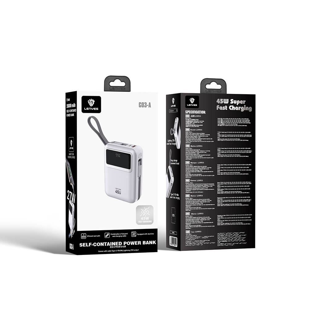 Lenyes C03-A Dijital LED Göstergeli Type-C ve Lightning Kablolu Powerbank 45W 20.000mAh - 8