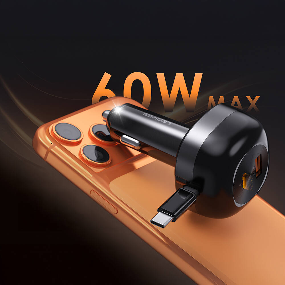 Lenyes CA59 Type-C Kablolu Hızlı Şarj Özellikli Type-C + USB-A Portlu Araç Şarj Aleti PD 60W - 4
