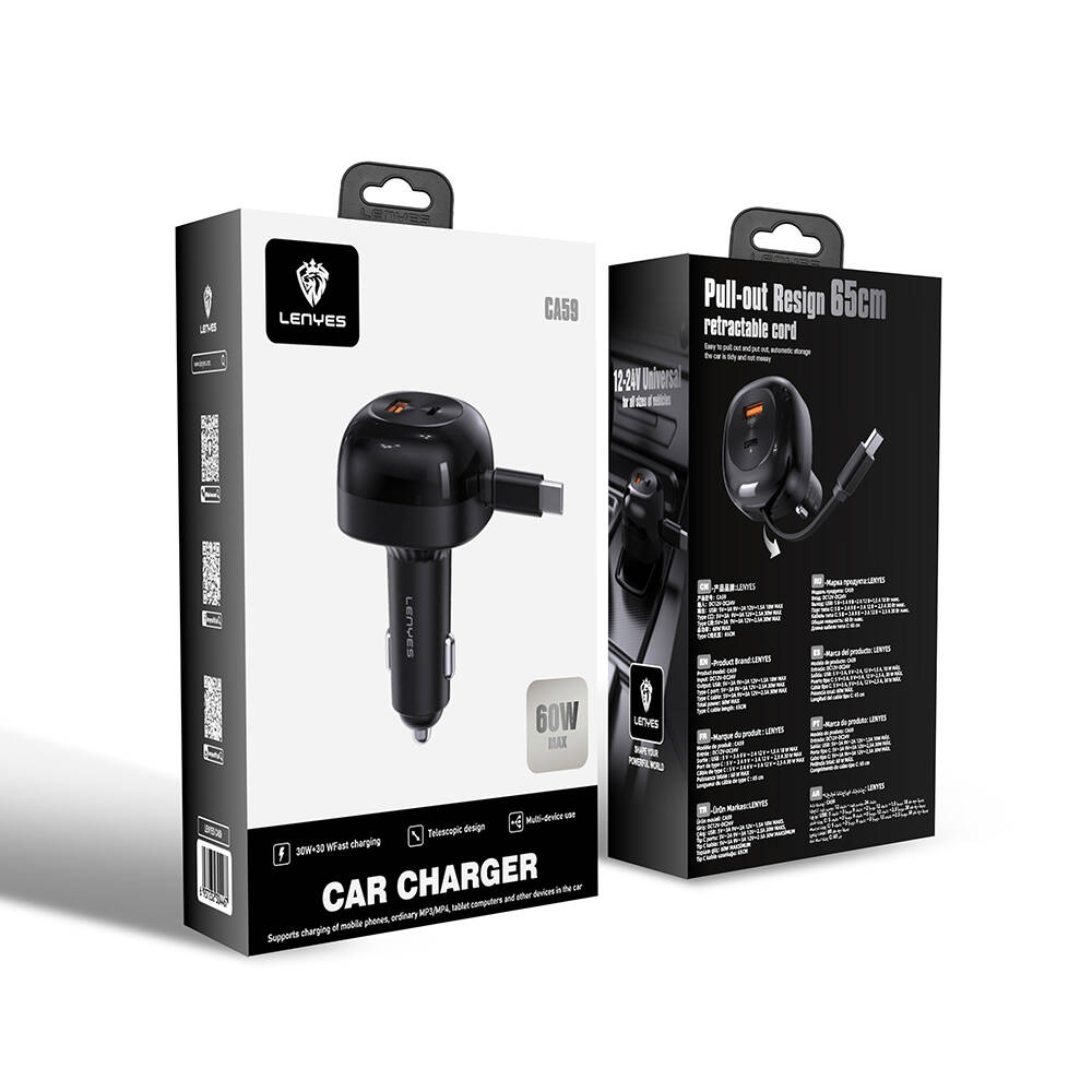 Lenyes CA59 Type-C Kablolu Hızlı Şarj Özellikli Type-C + USB-A Portlu Araç Şarj Aleti PD 60W - 7