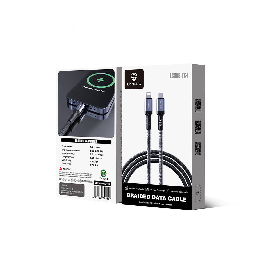 Lenyes LC509 Type-C to Lightning PD 30W Örgü Tasarımlı Hızlı Şarj Özellikli Data ve Şarj Kablosu 1M - 3