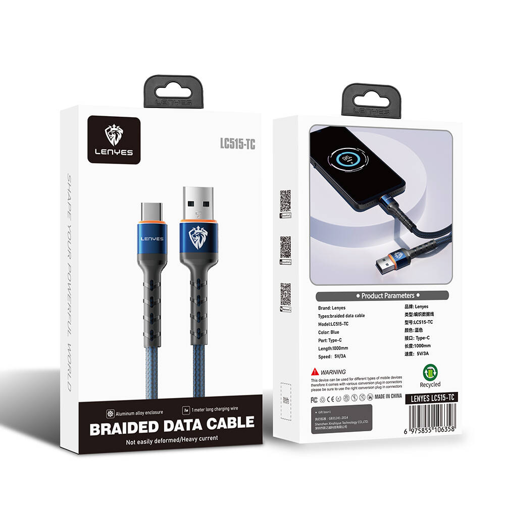 Lenyes LC515 USB-A to Type-C Hızlı Şarj Özellikli Örgülü Data ve Şarj Kablosu 3A 1M - 3