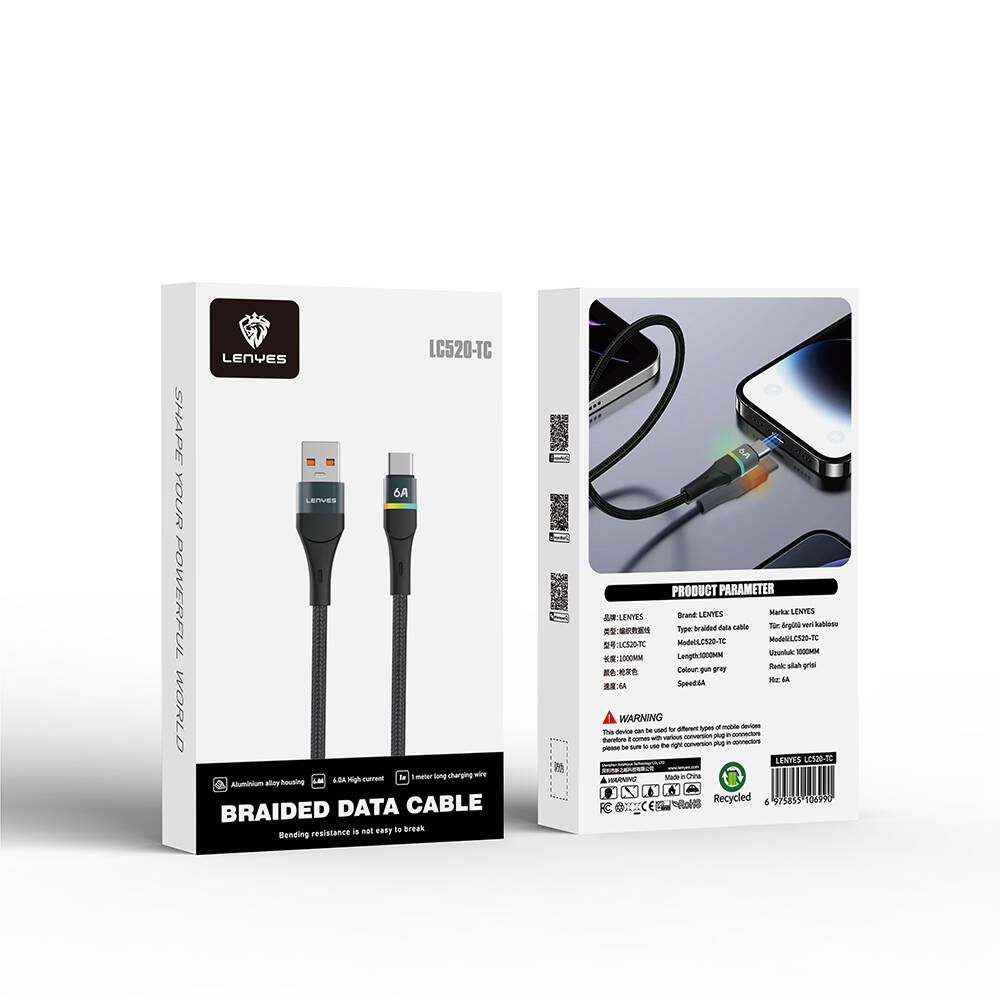 Lenyes LC520 USB-A to Type-C 6A Örgü Tasarımlı Hızlı Şarj Özellikli Data ve Şarj Kablosu 66W 1M - 6