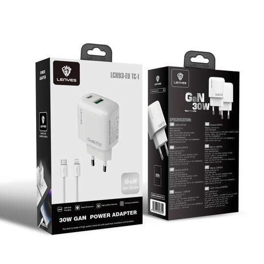 Lenyes LCH93-TC-L Type-C to Lightning GaN Teknolojili PD ve USB Hızlı Şarj Özellikli Şarj Seti 30W - 3