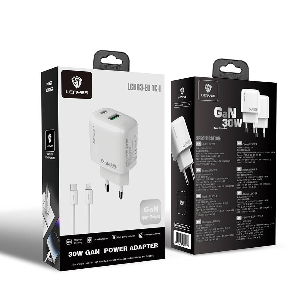 Lenyes LCH93-TC-L Type-C to Lightning GaN Teknolojili PD ve USB Hızlı Şarj Özellikli Şarj Seti 30W - 3