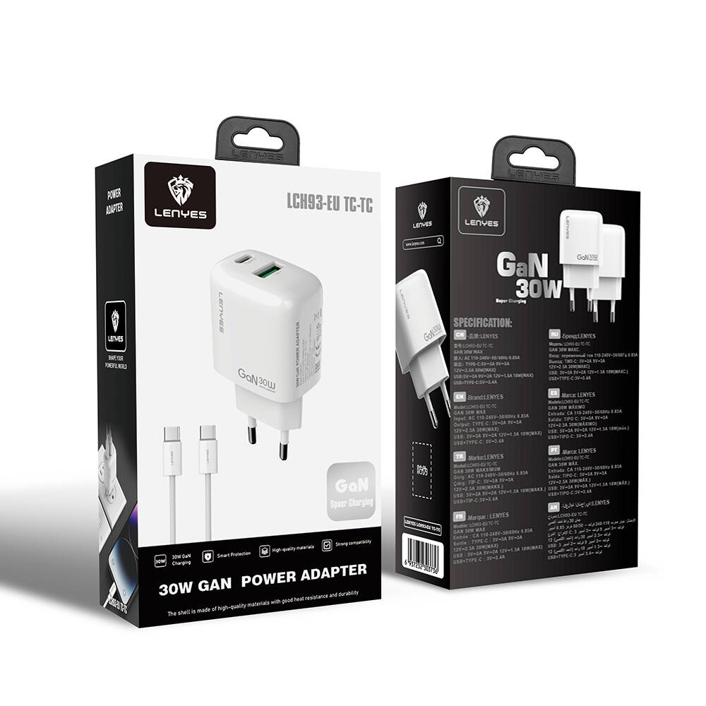Lenyes LCH93-TC-TC Type-C to Type-C GaN Teknolojili PD ve USB Hızlı Şarj Özellikli Şarj Seti 30W - 3