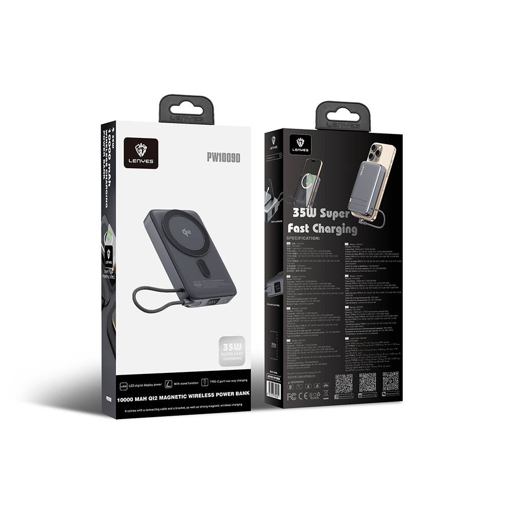 Lenyes PW1009D PD 35W Qi2 Teknolojili Type-C Kablolu Standlı Wireless Powerbank 15W 10000mAh - 10