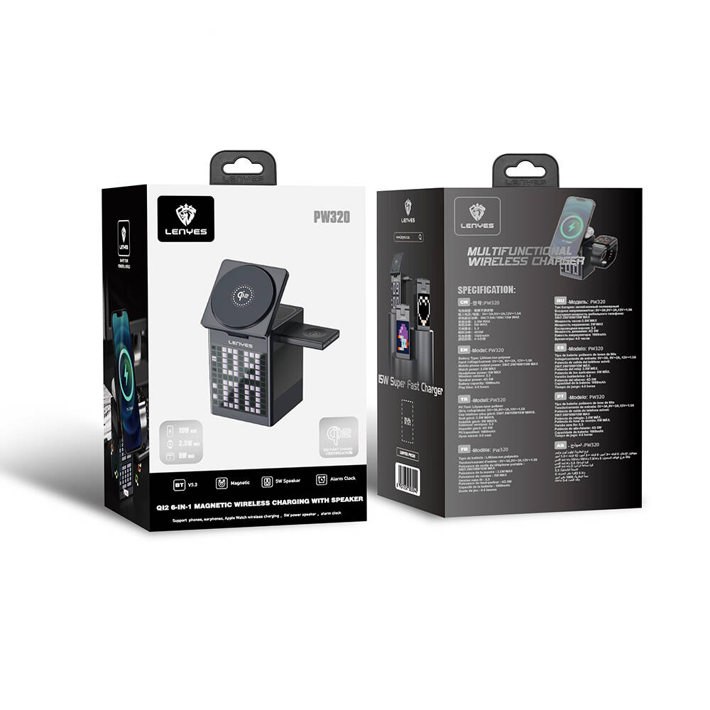 Lenyes PW320 Qi2 Şarj Teknolojili Alarmlı Bluetooth Speaker Özellikli Telefon&Akıllı Saat&Kulaklık 15W 6in1 Kablosuz Şarj Standı - 8
