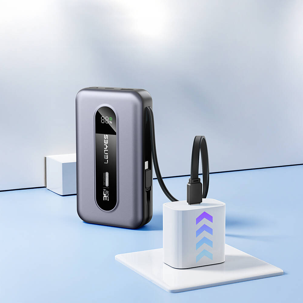Lenyes PX1002D Dijital LED Göstergeli Teleskopik Type-C ve Lightning Kablolu Powerbank 35W 10.000mAh - 13