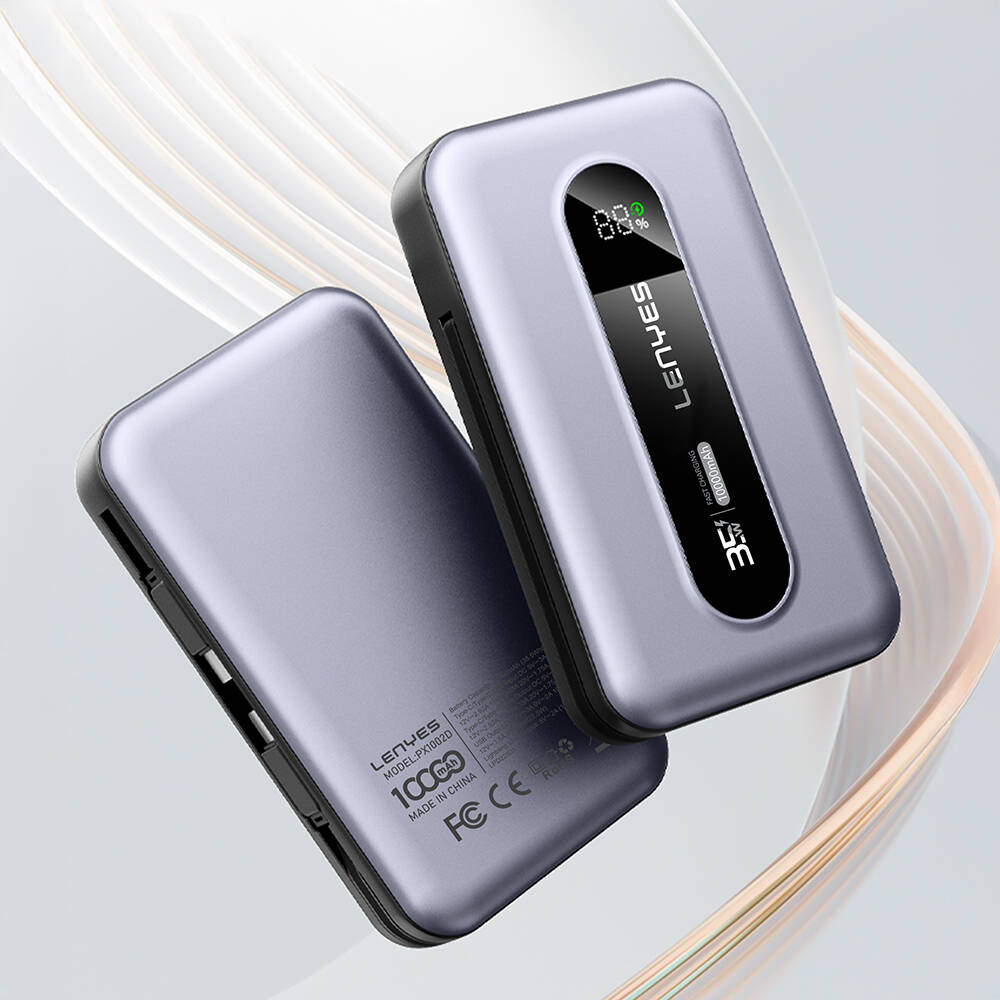 Lenyes PX1002D Dijital LED Göstergeli Teleskopik Type-C ve Lightning Kablolu Powerbank 35W 10.000mAh - 15
