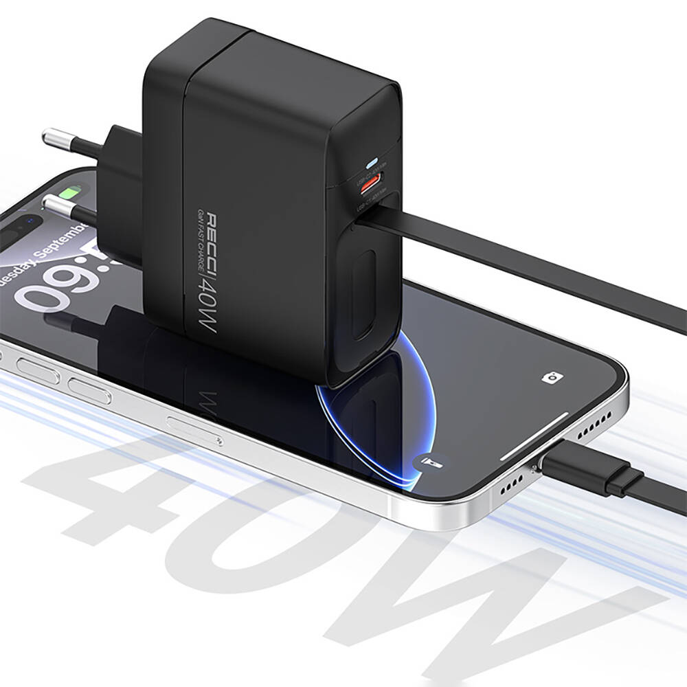 Recci RC102E GaN Teknolojili Hızlı Şarj Başlığı USB-A to Type-C PD 40W Type-C Kablolu Şarj Seti - 4