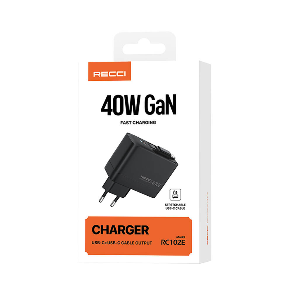 Recci RC102E GaN Teknolojili Hızlı Şarj Başlığı USB-A to Type-C PD 40W Type-C Kablolu Şarj Seti - 12