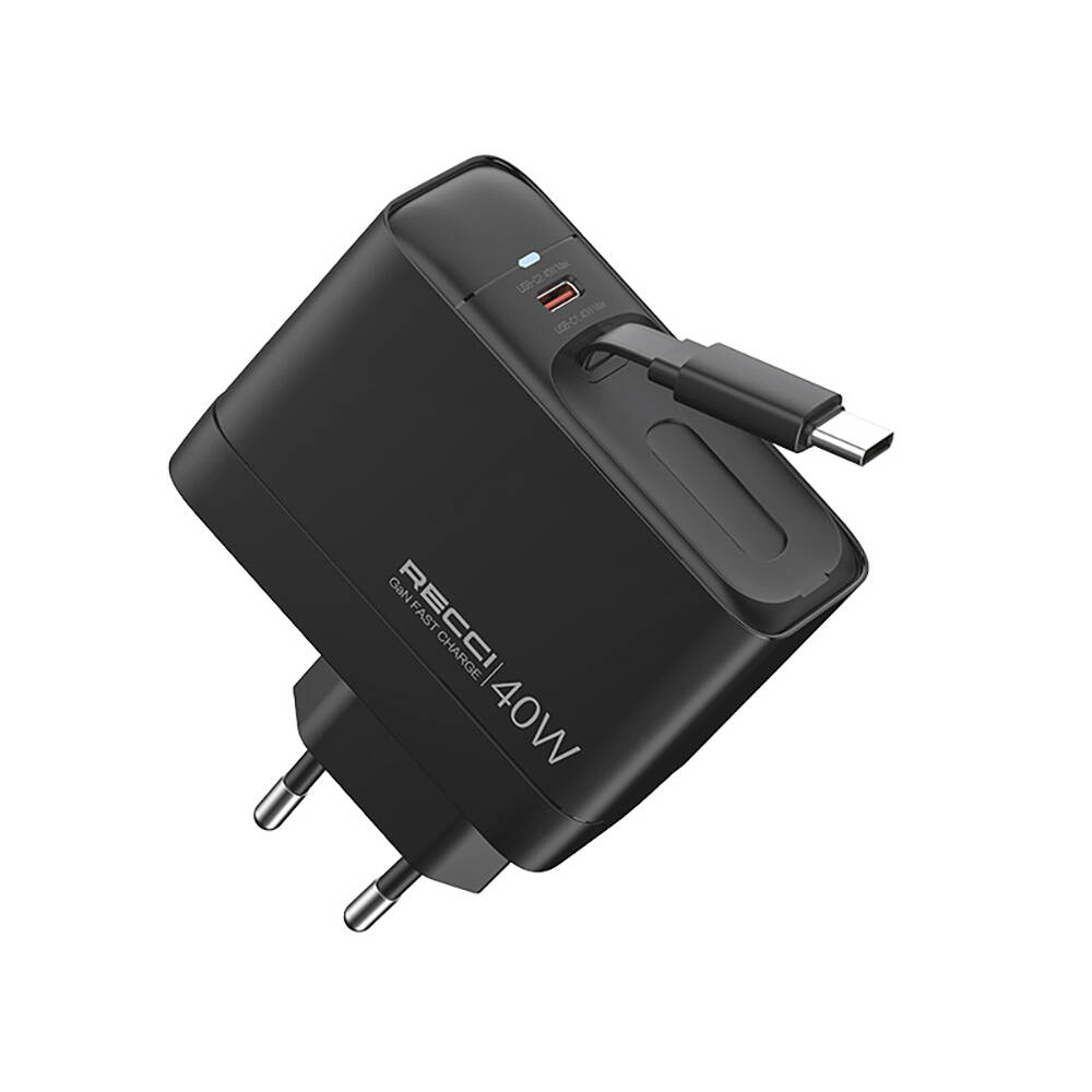 Recci RC102E GaN Teknolojili Hızlı Şarj Başlığı USB-A to Type-C PD 40W Type-C Kablolu Şarj Seti - 1