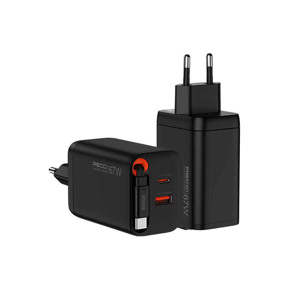 Recci RC103E GaN Teknolojili Hızlı Şarj Başlığı USB-A to Type-C PD 67W Type-C Kablolu Şarj Seti - 3