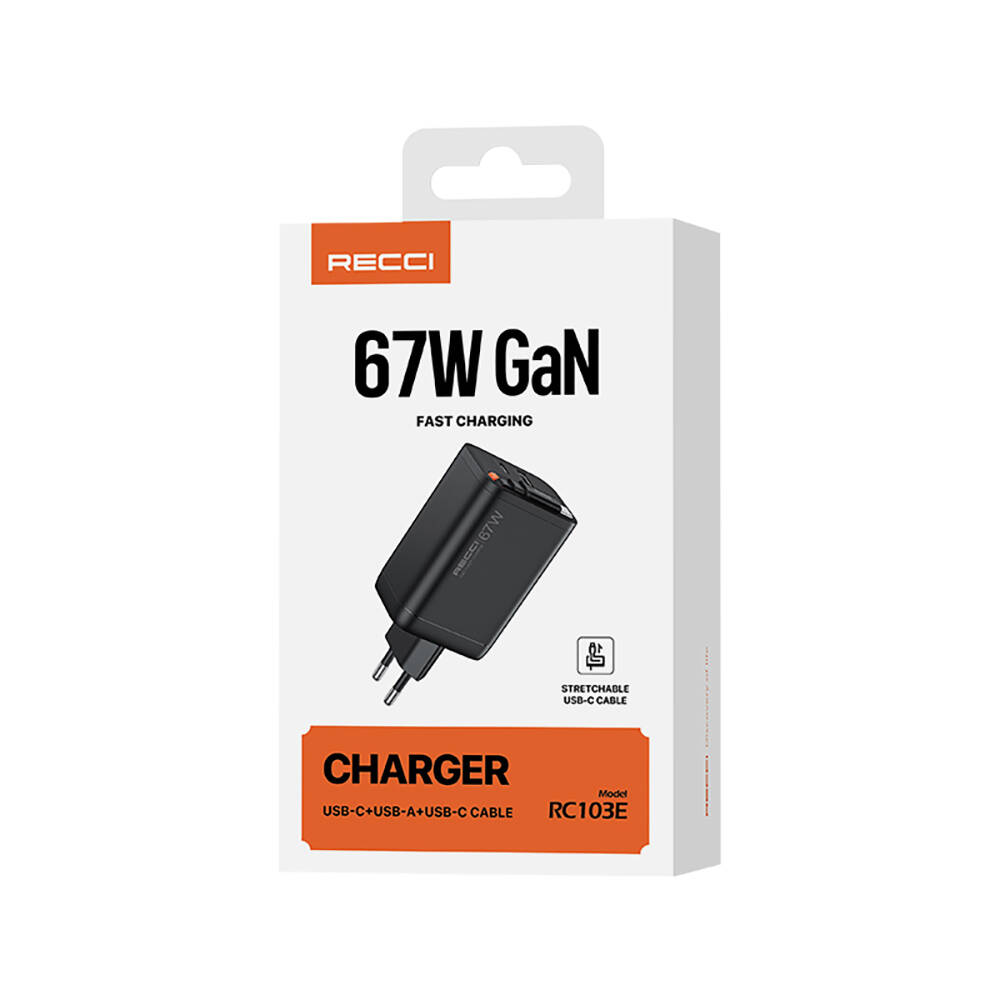 Recci RC103E GaN Teknolojili Hızlı Şarj Başlığı USB-A to Type-C PD 67W Type-C Kablolu Şarj Seti - 6