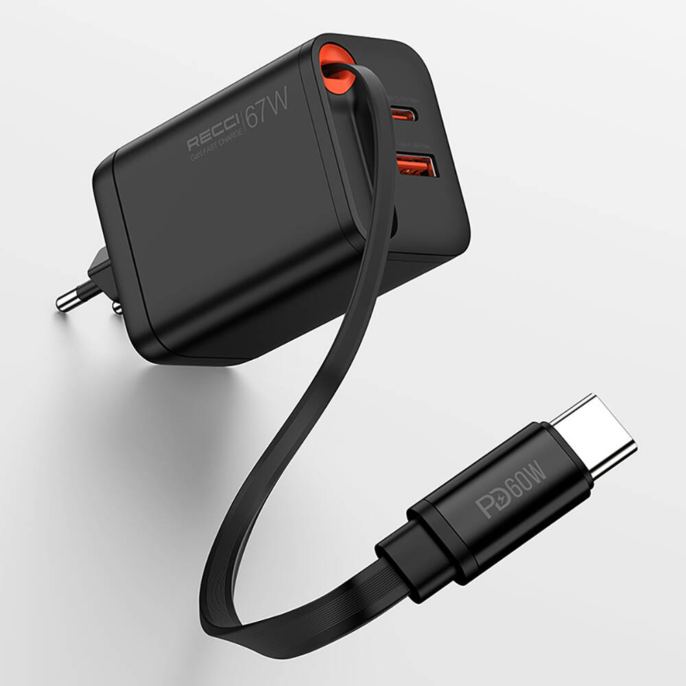 Recci RC103E GaN Teknolojili Hızlı Şarj Başlığı USB-A to Type-C PD 67W Type-C Kablolu Şarj Seti - 7