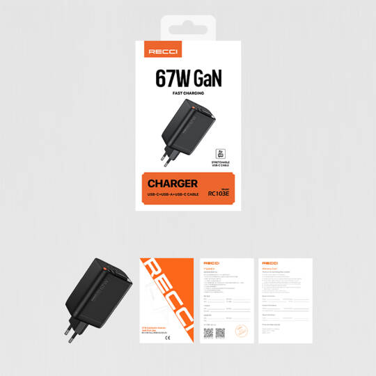 Recci RC103E GaN Teknolojili Hızlı Şarj Başlığı USB-A to Type-C PD 67W Type-C Kablolu Şarj Seti - 12