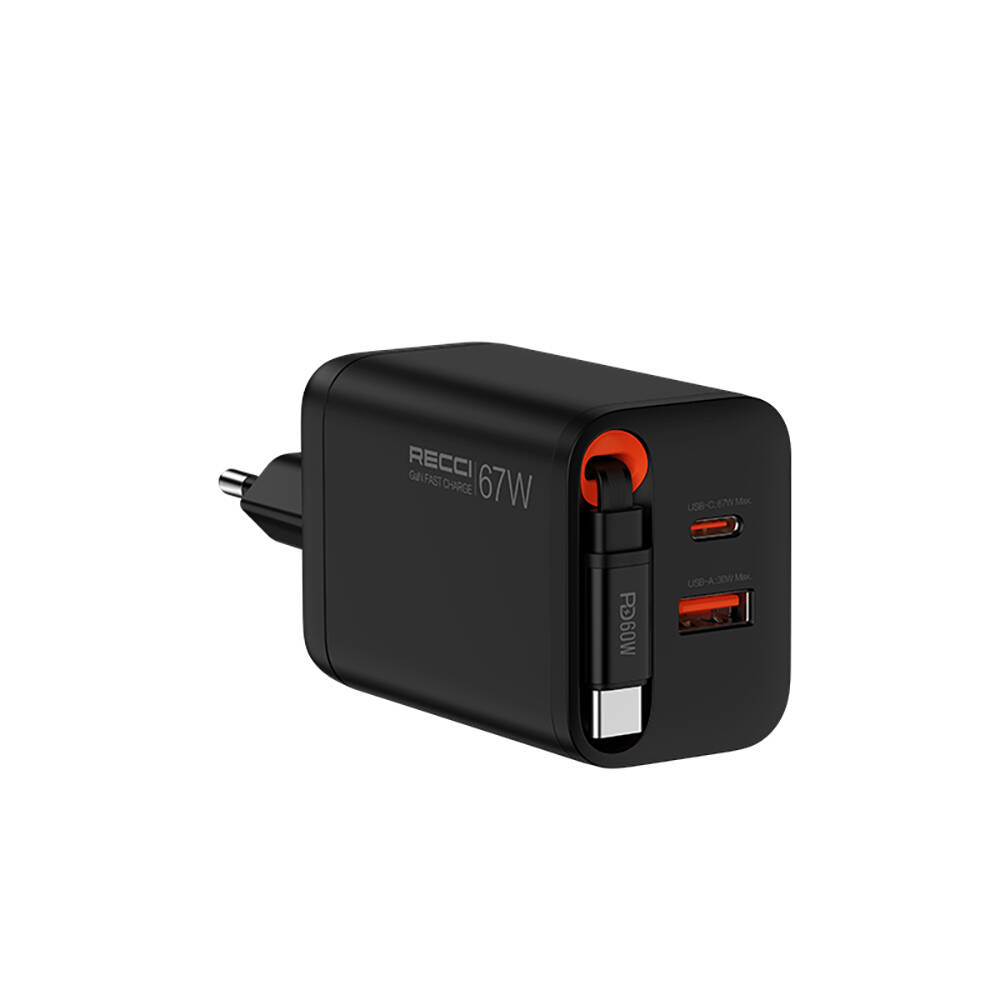 Recci RC103E GaN Teknolojili Hızlı Şarj Başlığı USB-A to Type-C PD 67W Type-C Kablolu Şarj Seti - 1