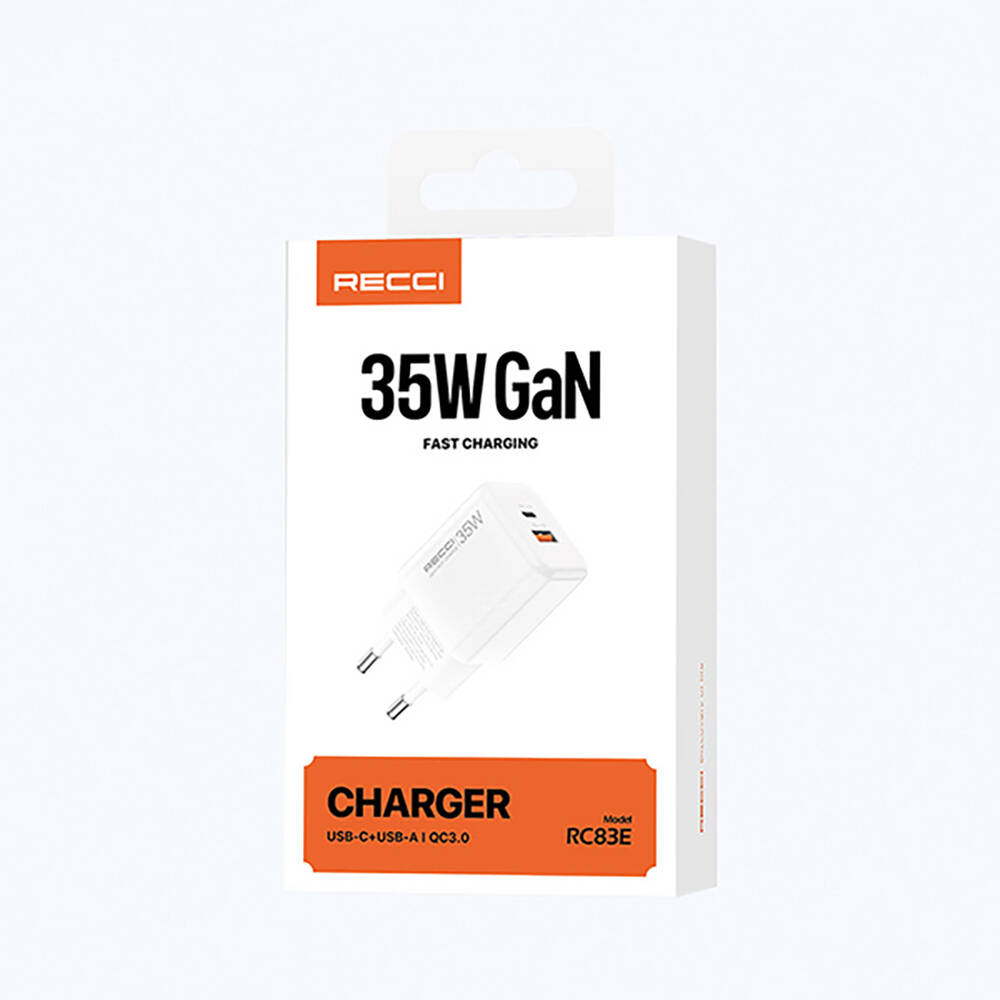 Recci RC83E Type-C PD & USB-A GaN Teknolojili QC3.0 Hızlı Şarj Başlığı 35W - 10