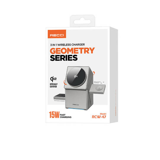 Recci RCW-47 Geometry Serisi Qi2 Şarj Teknolojili Rubik Küp Ambiyans Işıklı Telefon&Akıllı Saat&Kulaklık 15W 3in1 Kablosuz Şarj Standı - 3