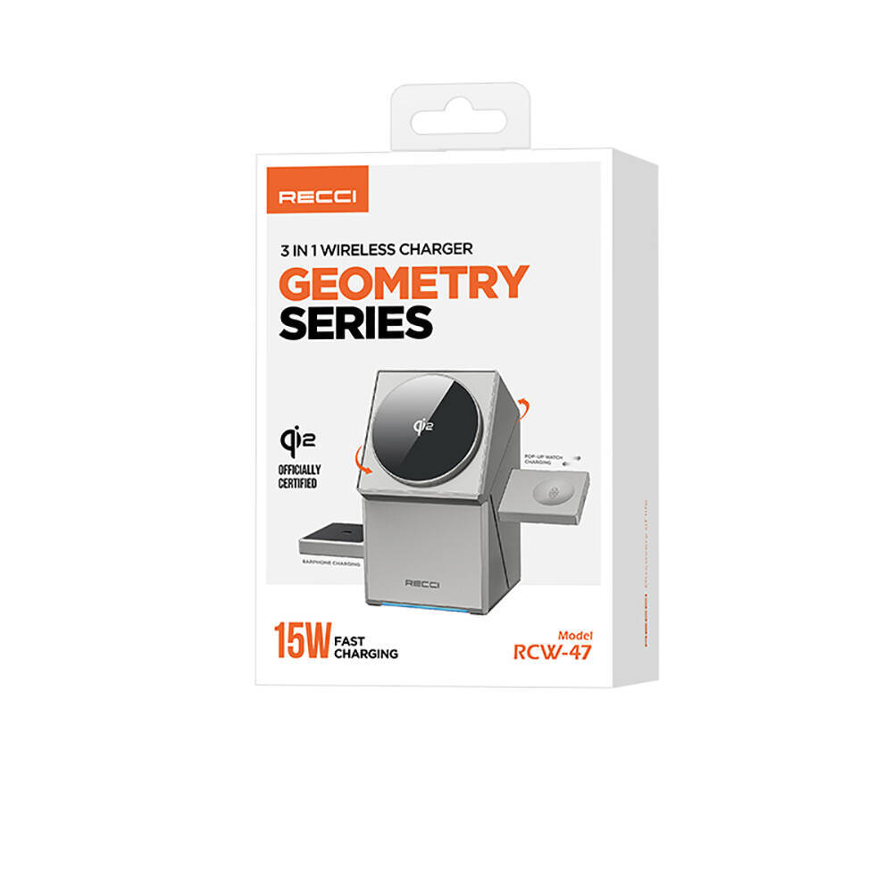 Recci RCW-47 Geometry Serisi Qi2 Şarj Teknolojili Rubik Küp Ambiyans Işıklı Telefon&Akıllı Saat&Kulaklık 15W 3in1 Kablosuz Şarj Standı - 3