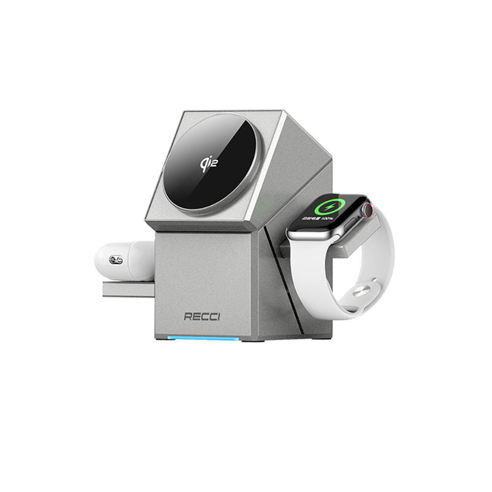 Recci RCW-47 Geometry Serisi Qi2 Şarj Teknolojili Rubik Küp Ambiyans Işıklı Telefon&Akıllı Saat&Kulaklık 15W 3in1 Kablosuz Şarj Standı - 9
