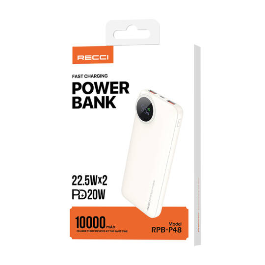 Recci RPB-P48 PD 20W Dijital LED Göstergeli Hızlı Şarj Özellikli Taşınabilir Powerbank 22.5W 10000mAh - 14