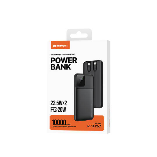 Recci RPB-P67 PD 20W Dijital LED Göstergeli Hızlı Şarj Özellikli Type-C ve Lightning Kablolu Powerbank 22.5W 10000mAh - 8