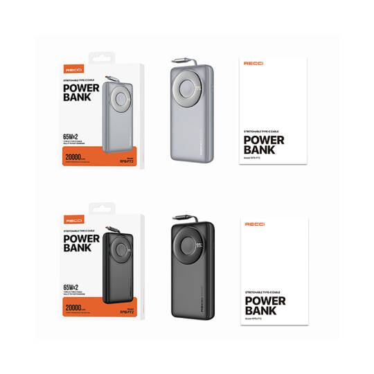 Recci RPB-P72 Hızlı Şarj Özellikli Type-C Kablolu Powerbank 65W 20.000mAh - 18
