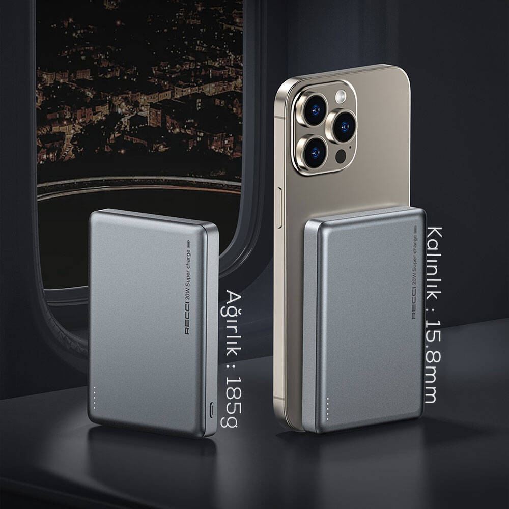 Recci RPB-W26 Armor Serisi Ultra İnce PD 20W Hızlı Şarj Özellikli Wireless Powerbank 15W 10000mAh - 6