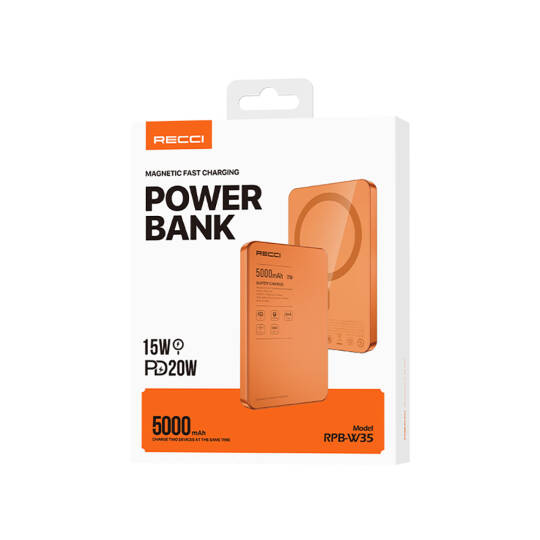 Recci RPB-W35 Ultra İnce PD 20W Hızlı Şarj Özellikli Wireless Powerbank 15W 5000mAh - 12