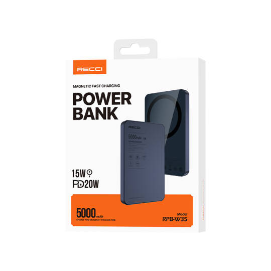 Recci RPB-W35 Ultra İnce PD 20W Hızlı Şarj Özellikli Wireless Powerbank 15W 5000mAh - 6
