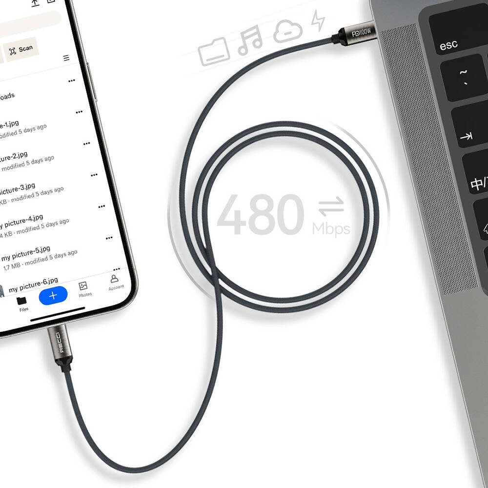 Recci RS45CC Type-C to Type-C PD 100W Örgü Tasarımlı Hızlı Şarj Özellikli Data ve Şarj Kablosu 1M - 7