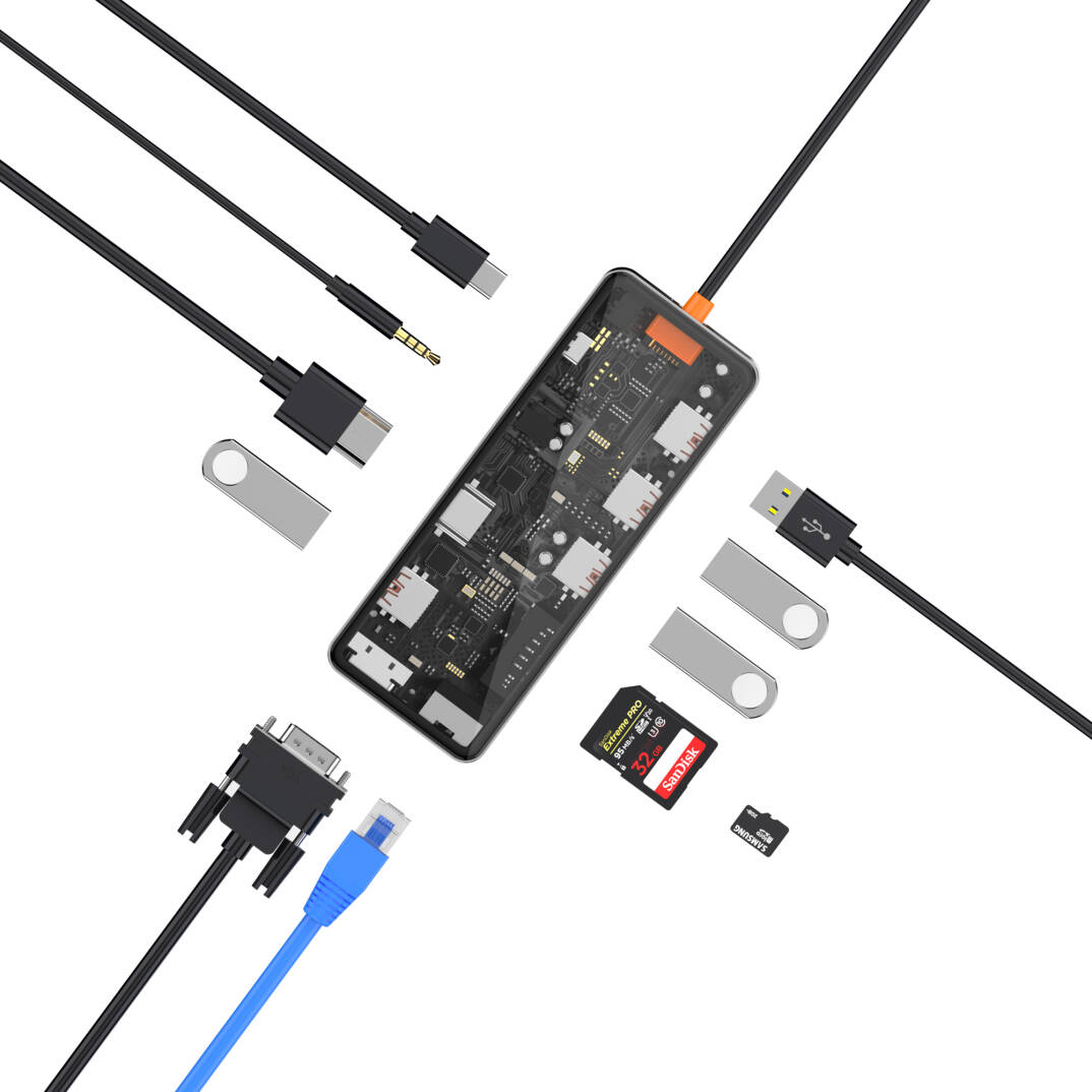 Wiwu CB011 Cyber 11 in 1 Type-C Hub 100W Şarj Destekli Şeffaf Görünümlü SD Kart-RJ45-Hdmi-VGA-Usb Çoğaltıcı - 3