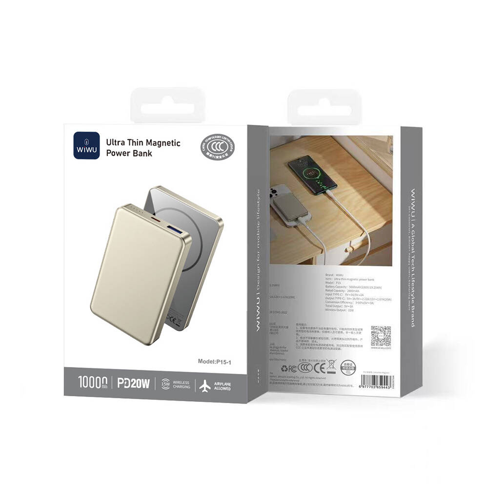Wiwu P15-1 LED Işık Göstergeli Ultra İnce PD 20W Kablosuz Powerbank 10000mAh 15W - 16
