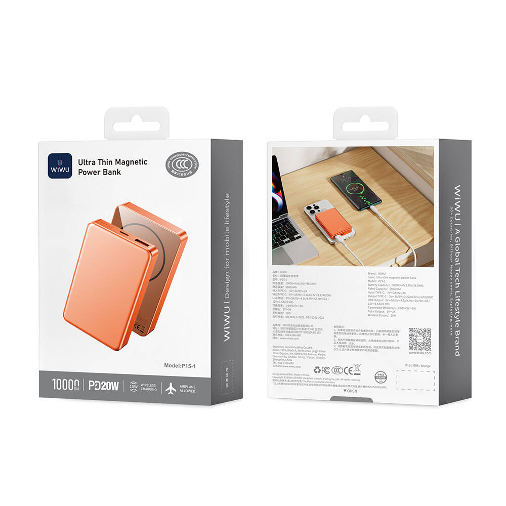 Wiwu P15-1 LED Işık Göstergeli Ultra İnce PD 20W Kablosuz Powerbank 10000mAh 15W - 8