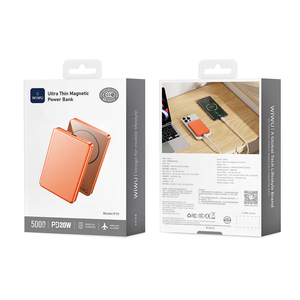 Wiwu P15 LED Işık Göstergeli Ultra İnce PD 20W Kablosuz Powerbank 5000mAh 15W - 15