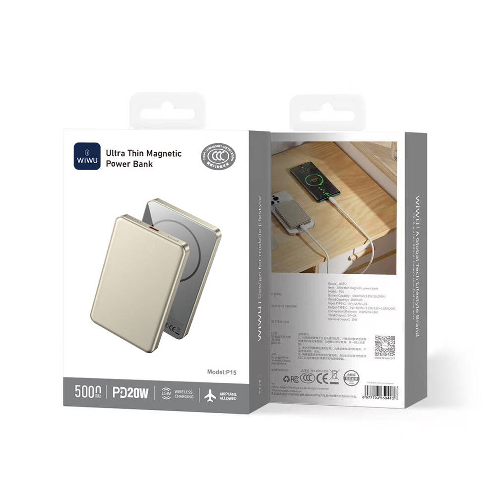 Wiwu P15 LED Işık Göstergeli Ultra İnce PD 20W Kablosuz Powerbank 5000mAh 15W - 8