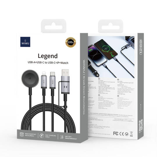 Wiwu Wi-C050 Legend Serisi 3in1 USB-A + Type-C to Lightning – Type-C – Akıllı Saat Şarj Kablosu 100W 1.2M - 9