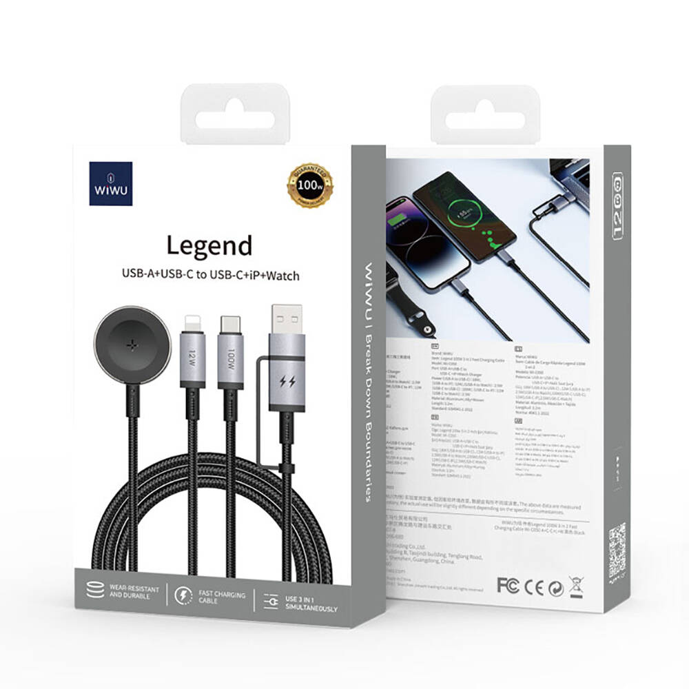 Wiwu Wi-C050 Legend Serisi 3in1 USB-A + Type-C to Lightning – Type-C – Akıllı Saat Şarj Kablosu 100W 1.2M - 9