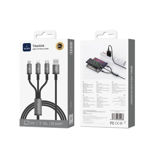 Wiwu Wi-C059 Titanlink Serisi 3in1 USB-A to Lightning – Type-C – Micro Örgülü Şarj ve Data Kablosu 66W 1.2m - 3