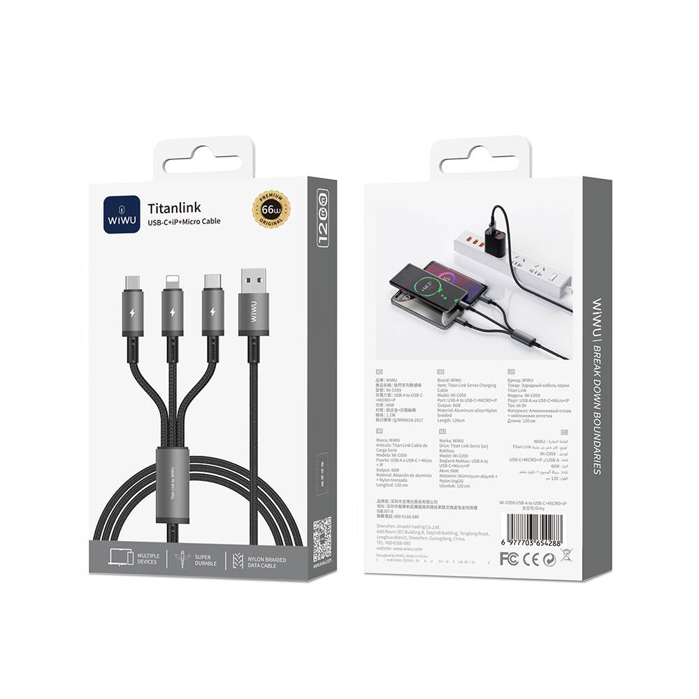 Wiwu Wi-C059 Titanlink Serisi 3in1 USB-A to Lightning – Type-C – Micro Örgülü Şarj ve Data Kablosu 66W 1.2m - 3