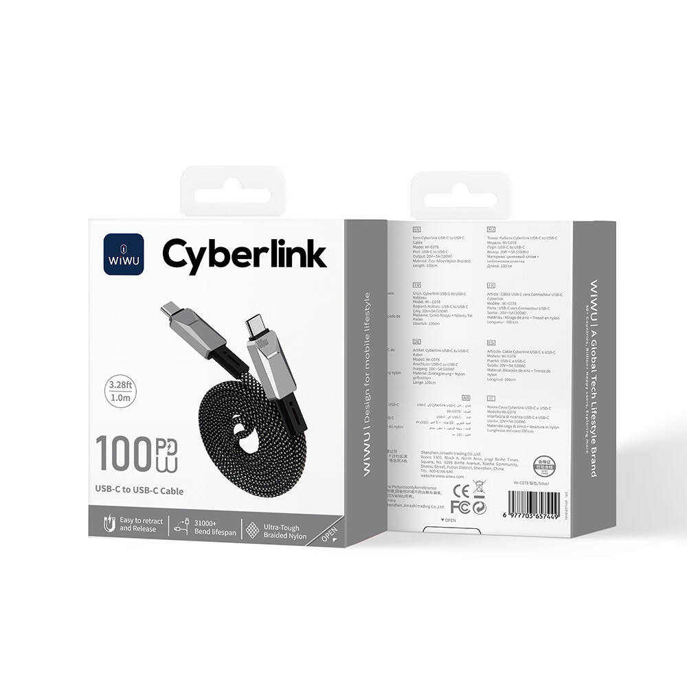 Wiwu Wi-C078 Cyberlink Serisi Type-C to Type-C PD Hızlı Şarj Özellikli Data ve Şarj Kablosu 100W 1M - 6