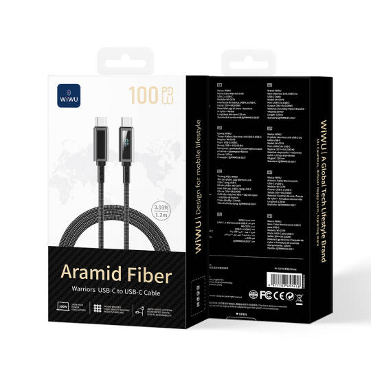 Wiwu Wi-C079 Warriors Serisi Aramid Fiber Dijital LED Göstergeli Type-C to Type-C PD Data ve Şarj Kablosu 100W 1.2M - 7