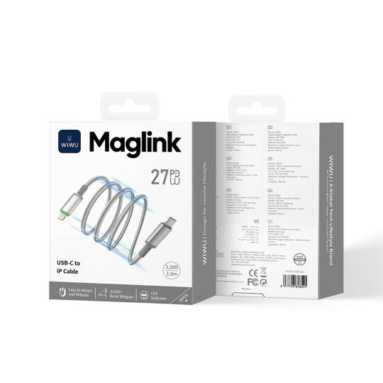 Wiwu Wi-C083 Maglink Serisi Işıklı Magnetik Type-C to Lightning PD Hızlı Şarj Özellikli Data ve Şarj Kablosu 27W 1M - 7