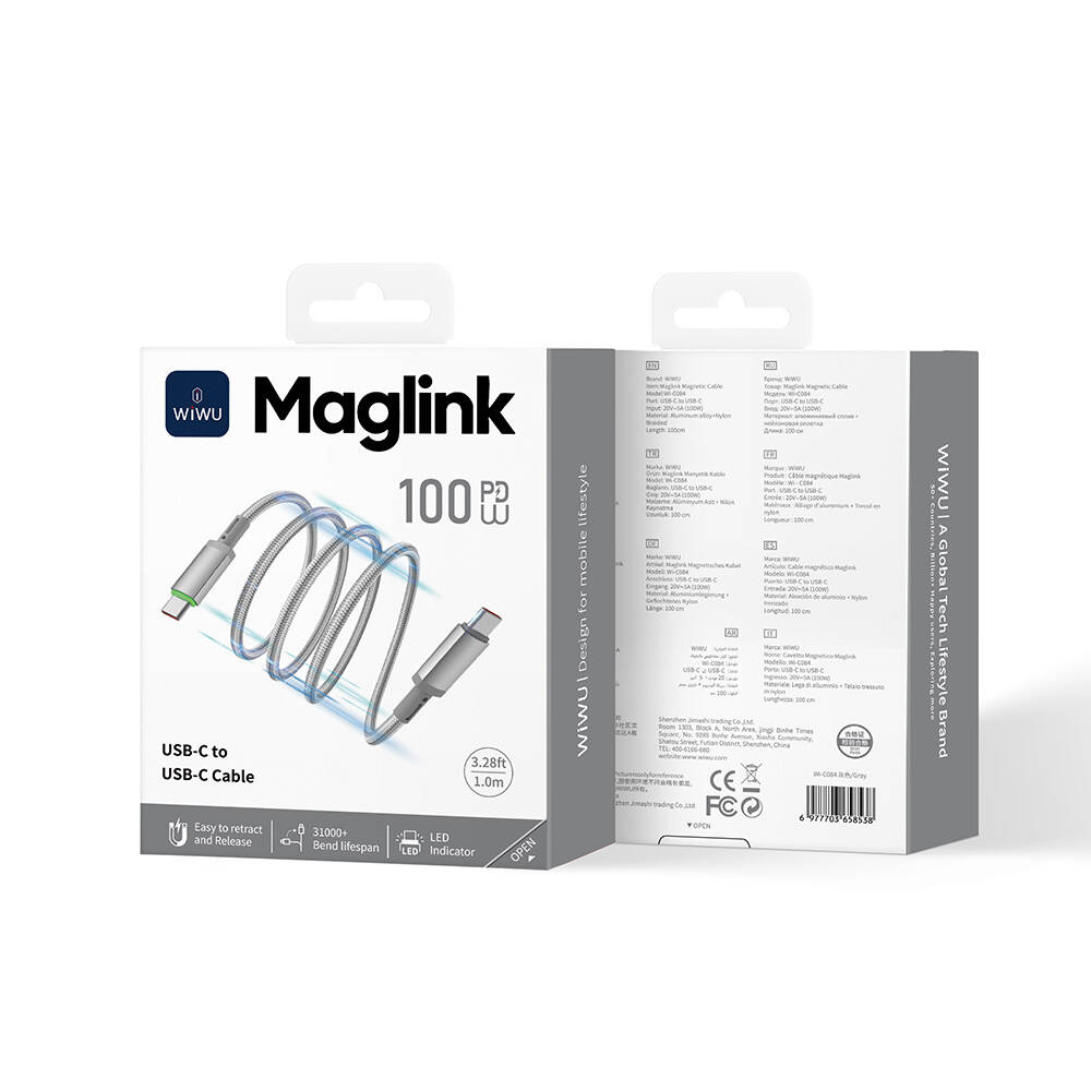 Wiwu Wi-C084 Maglink Serisi LED Göstergeli Type-C to Type-C Hızlı Şarj Özellikli Data ve Şarj Kablosu 100W 1M - 7