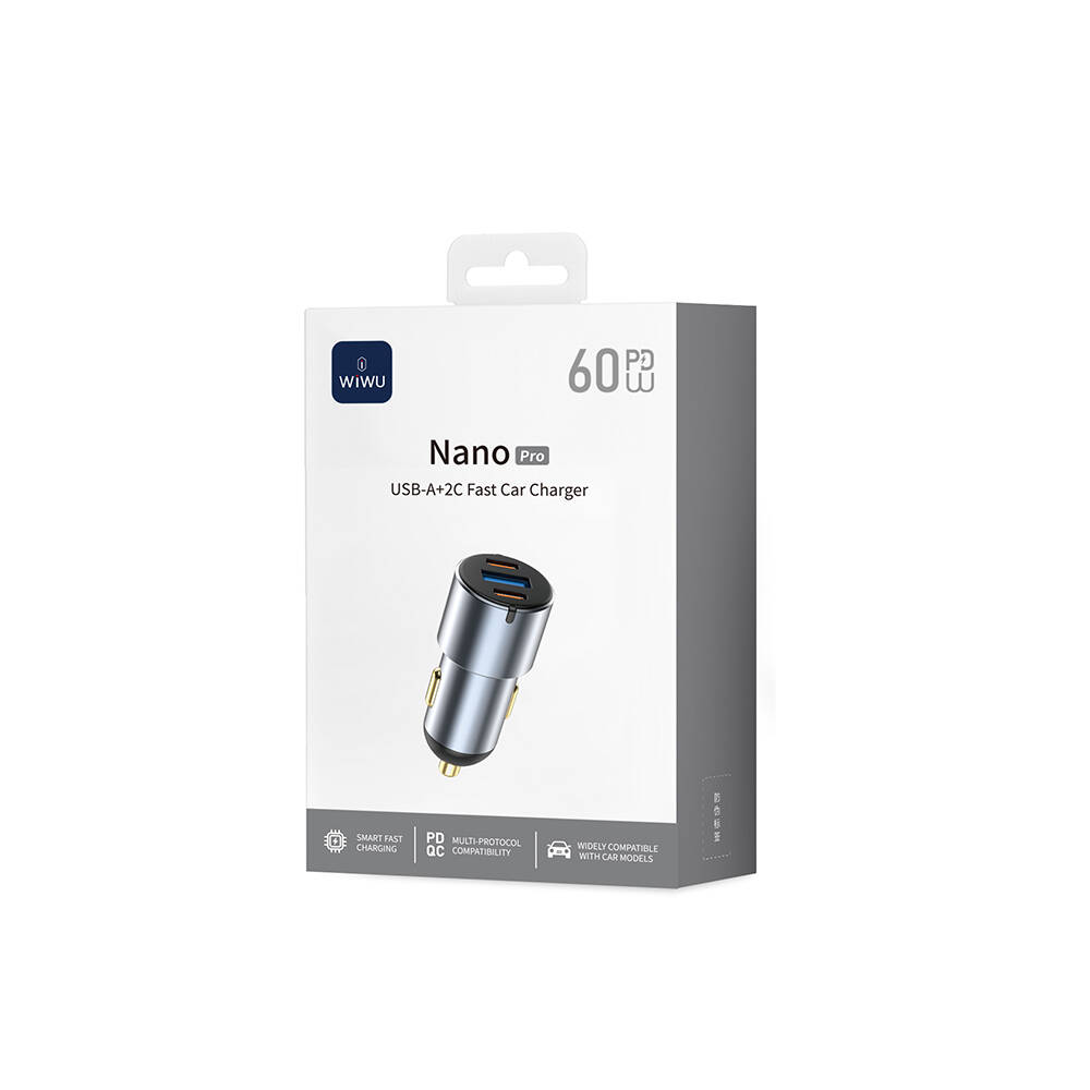 Wiwu Wi-CC032 Nano Pro Serisi Dual Type-C + USB-A Hızlı Şarj Özellikli Akım Korumalı Araç Şarj Aleti PD VE QC3.0 60W - 9
