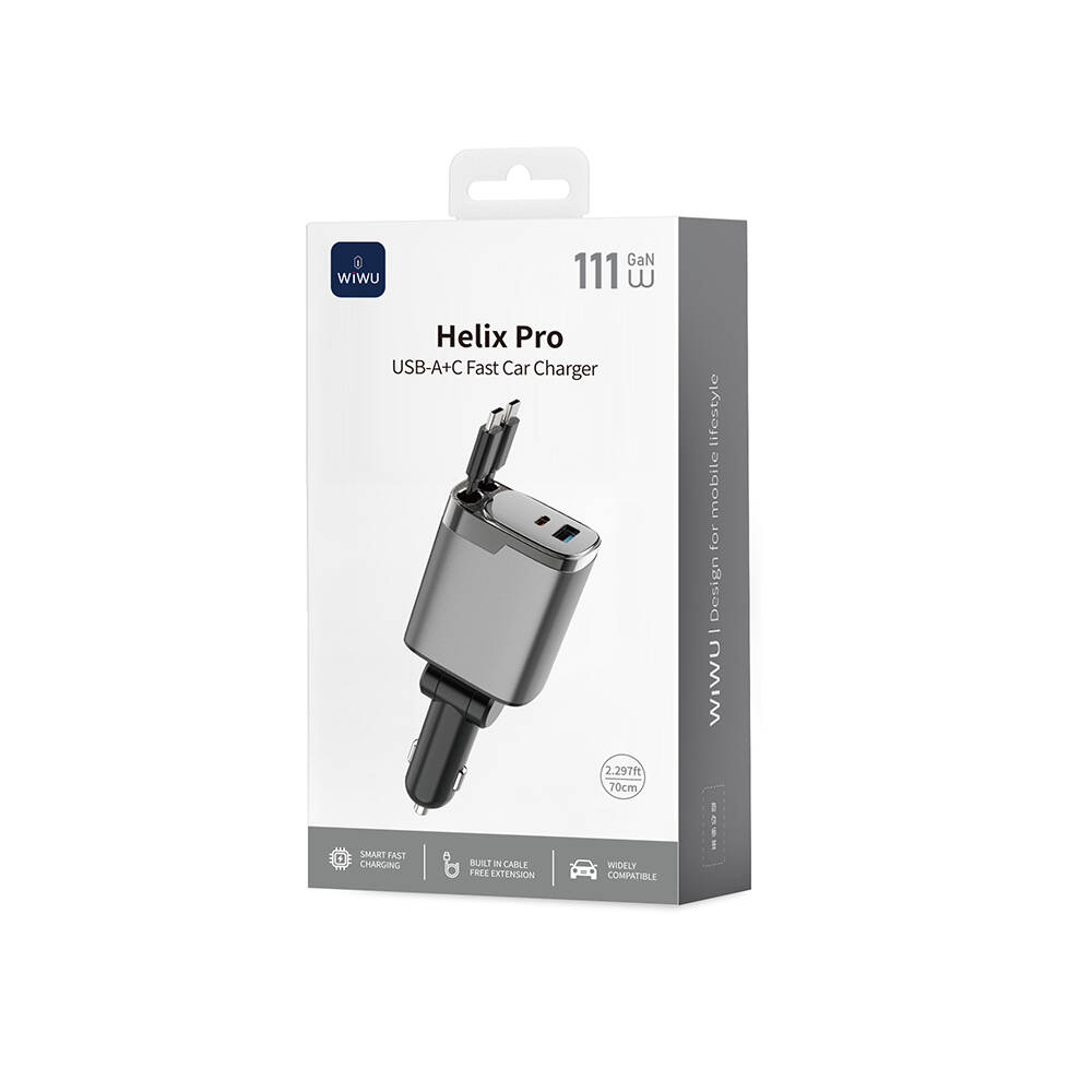 Wiwu Wi-CC034 Type-C + USB-A Hızlı Şarj Özellikli GaN Teknolojili Dahili Kablolu Araç Şarj Aleti 111W - 9
